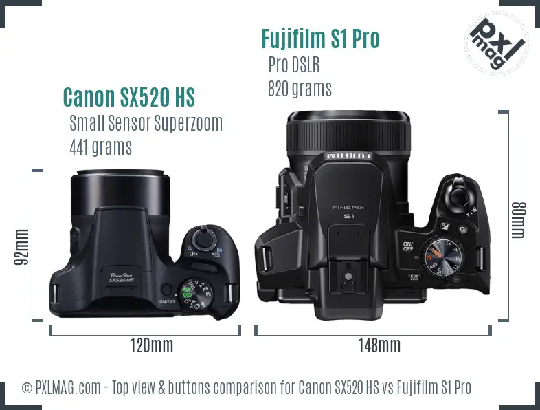 Canon SX520 HS vs Fujifilm S1 Pro top view buttons comparison