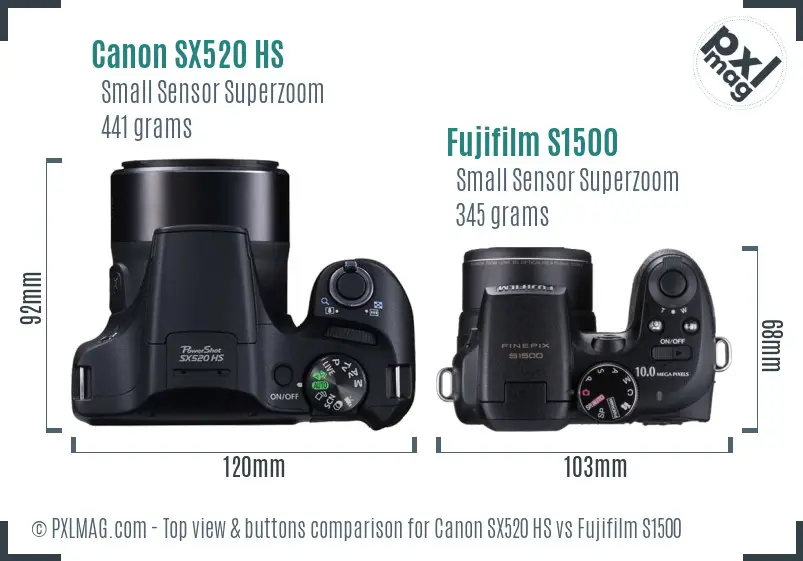 Canon SX520 HS vs Fujifilm S1500 top view buttons comparison