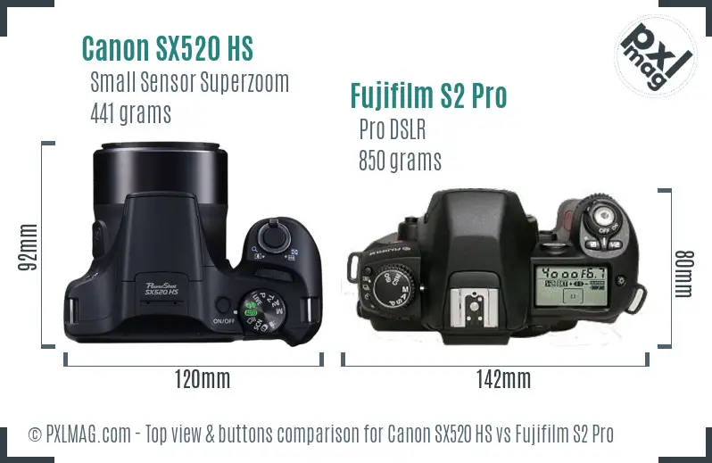 Canon SX520 HS vs Fujifilm S2 Pro top view buttons comparison