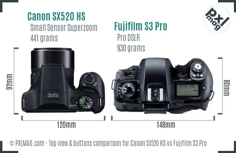 Canon SX520 HS vs Fujifilm S3 Pro top view buttons comparison
