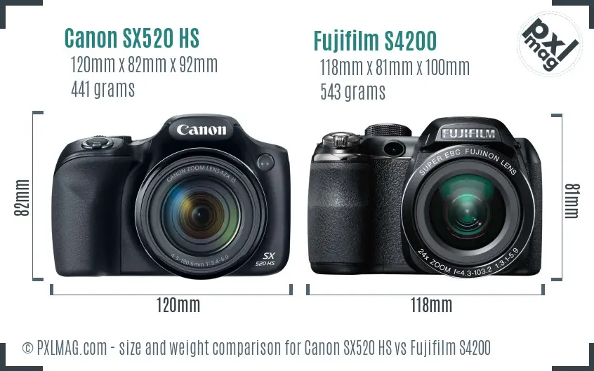 Canon SX520 HS vs Fujifilm S4200 size comparison