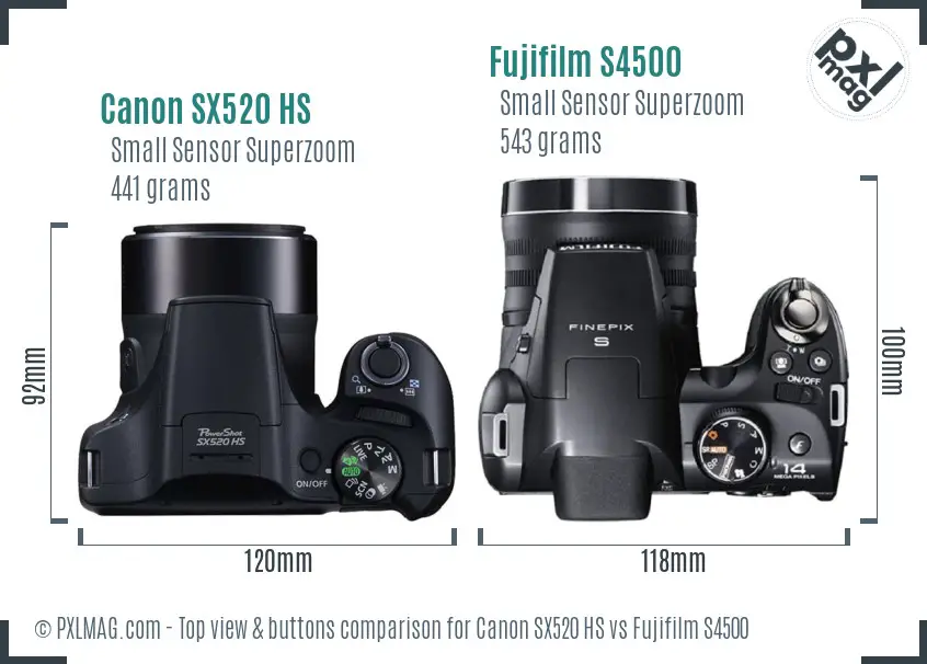 Canon SX520 HS vs Fujifilm S4500 top view buttons comparison Canon SX520 HS vs Fujifilm S4500 top view buttons comparison