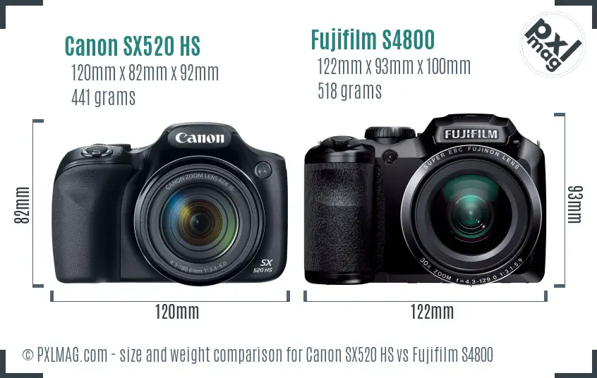 Canon SX520 HS vs Fujifilm S4800 size comparison