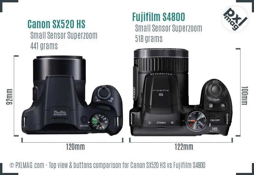 Canon SX520 HS vs Fujifilm S4800 top view buttons comparison