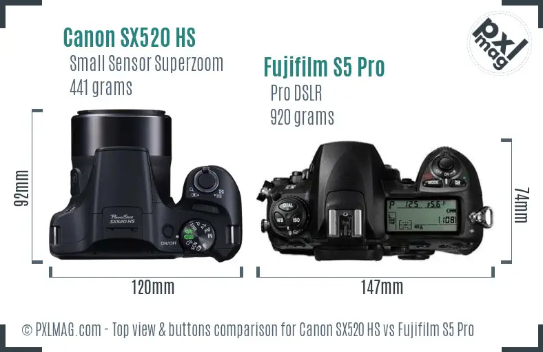 Canon SX520 HS vs Fujifilm S5 Pro top view buttons comparison