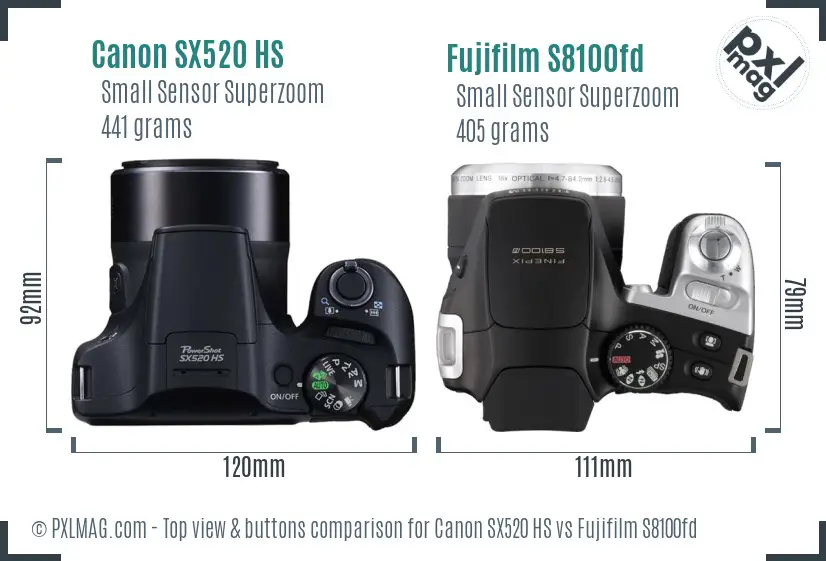 Canon SX520 HS vs Fujifilm S8100fd top view buttons comparison