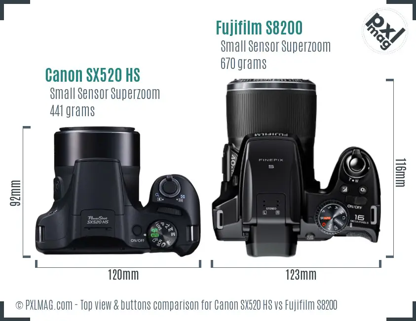 Canon SX520 HS vs Fujifilm S8200 top view buttons comparison