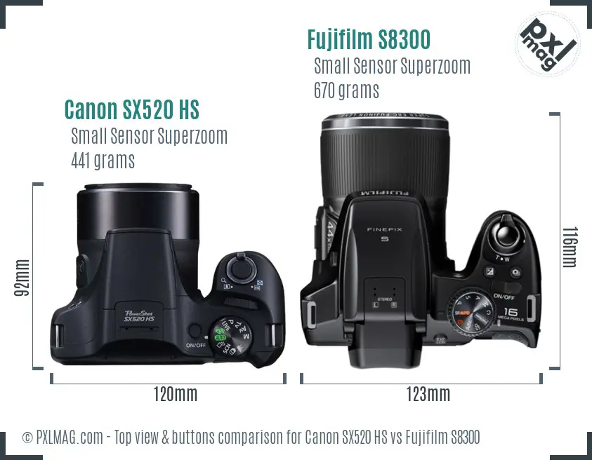Canon SX520 HS vs Fujifilm S8300 top view buttons comparison Canon SX520 HS vs Fujifilm S8300 top view buttons comparison