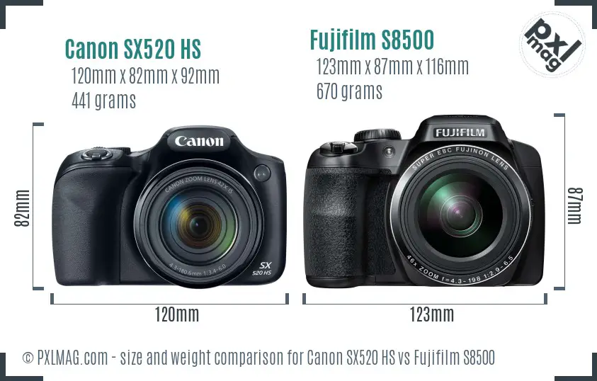 Canon SX520 HS vs Fujifilm S8500 size comparison