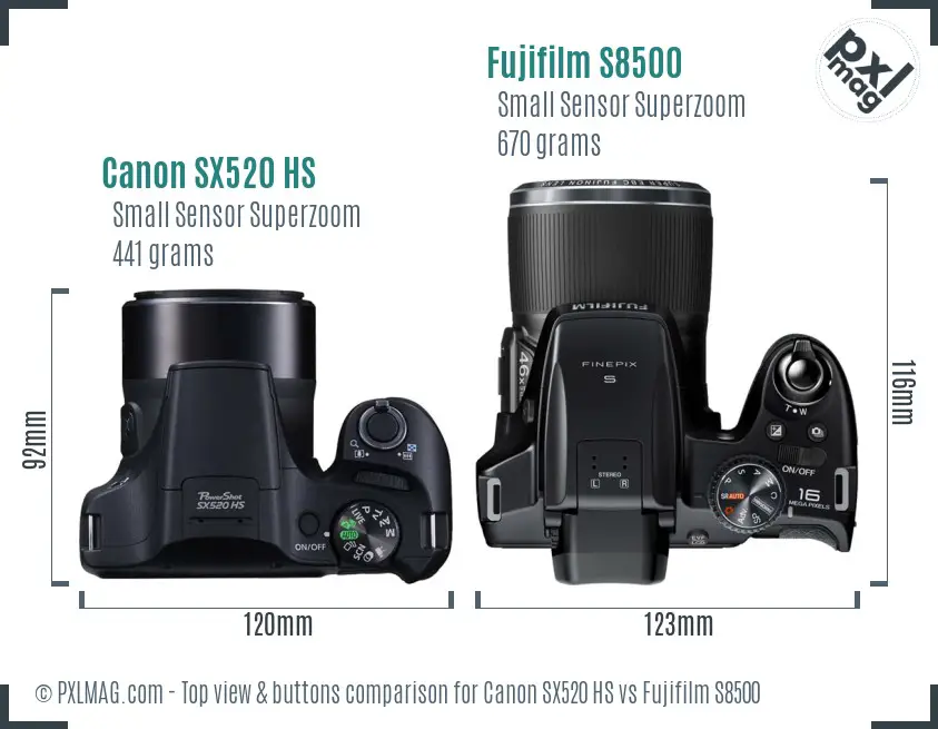 Canon SX520 HS vs Fujifilm S8500 top view buttons comparison