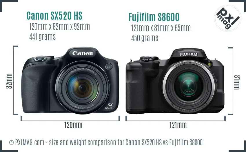 Canon SX520 HS vs Fujifilm S8600 size comparison