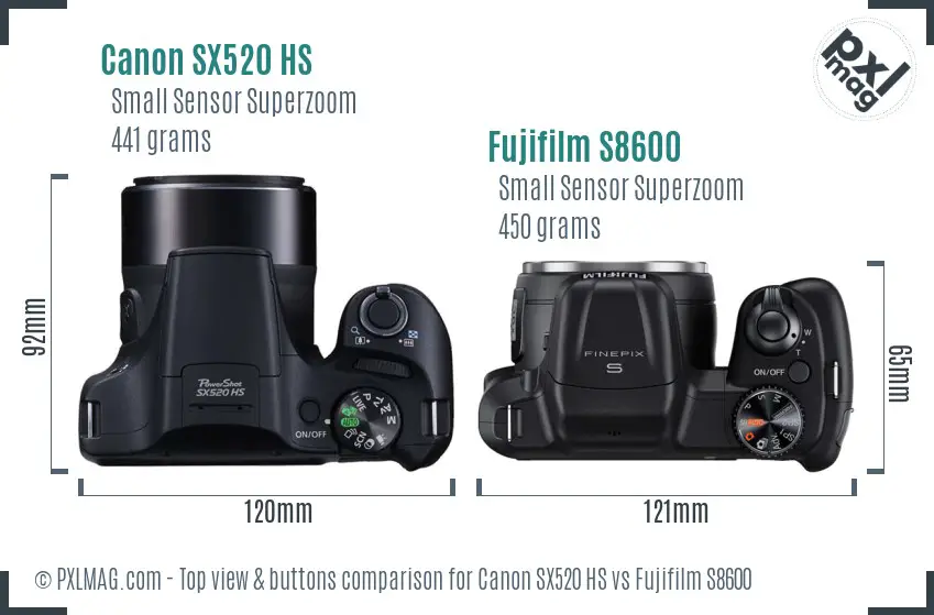 Canon SX520 HS vs Fujifilm S8600 top view buttons comparison