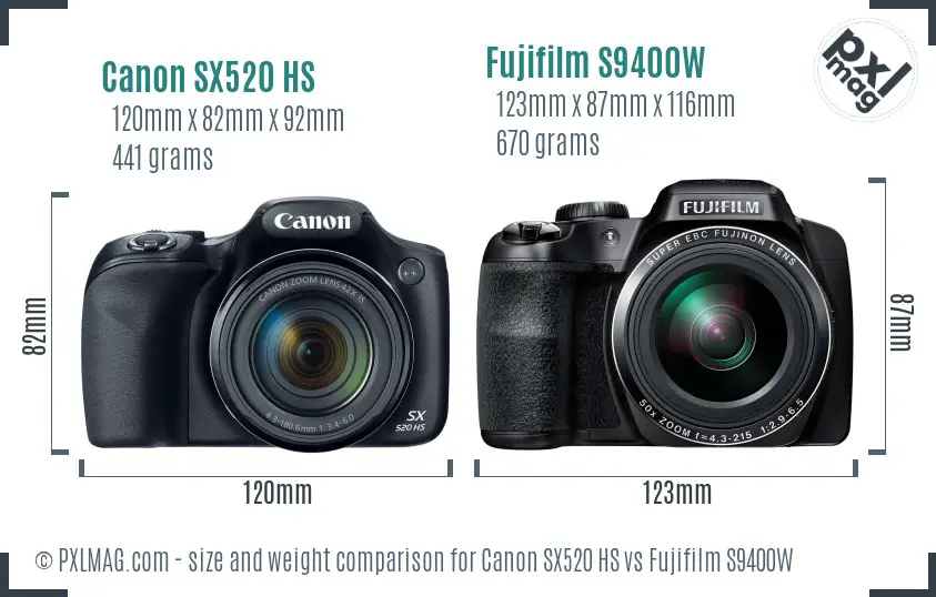 Canon SX520 HS vs Fujifilm S9400W size comparison