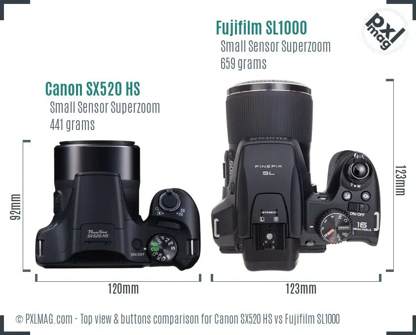 Canon SX520 HS vs Fujifilm SL1000 top view buttons comparison Canon SX520 HS vs Fujifilm SL1000 top view buttons comparison