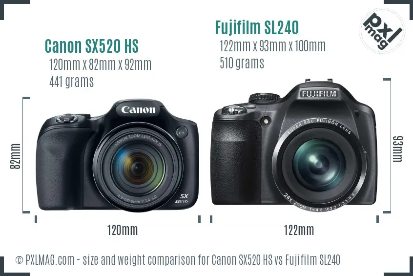 Canon SX520 HS vs Fujifilm SL240 size comparison