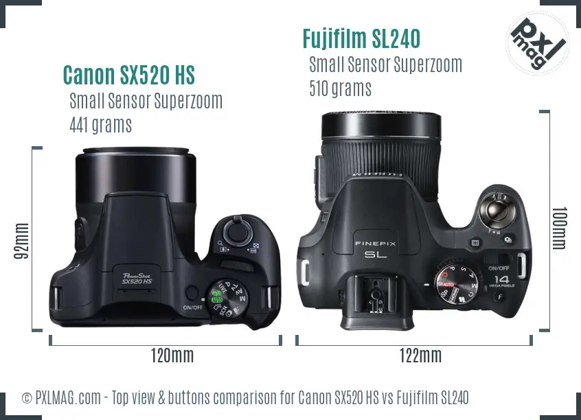 Canon SX520 HS vs Fujifilm SL240 top view buttons comparison