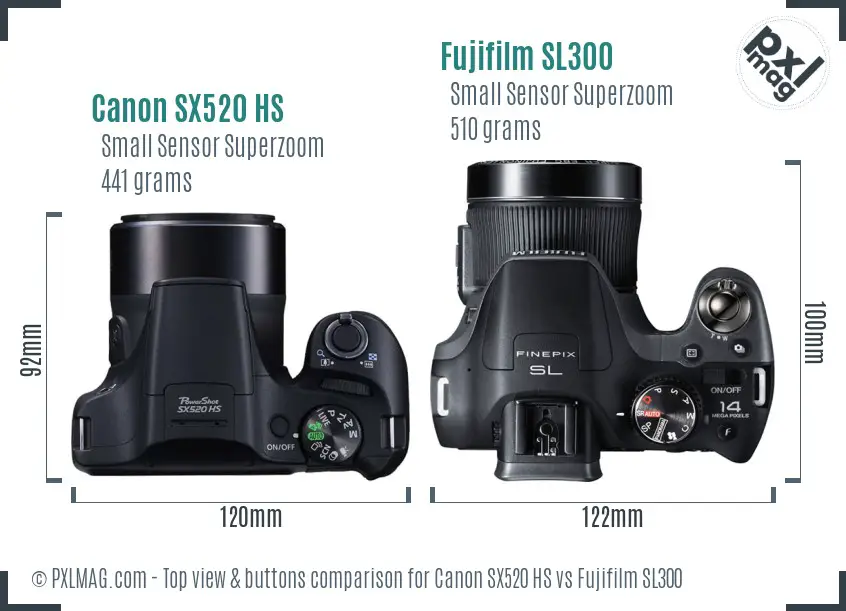 Canon SX520 HS vs Fujifilm SL300 top view buttons comparison Canon SX520 HS vs Fujifilm SL300 top view buttons comparison