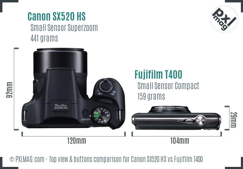 Canon SX520 HS vs Fujifilm T400 top view buttons comparison
