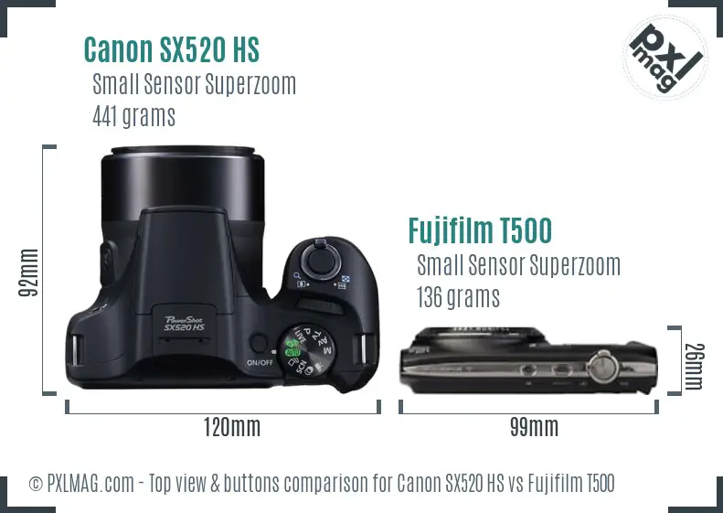 Canon SX520 HS vs Fujifilm T500 top view buttons comparison