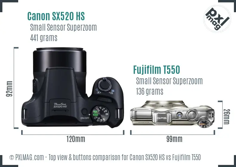 Canon SX520 HS vs Fujifilm T550 top view buttons comparison Canon SX520 HS vs Fujifilm T550 top view buttons comparison
