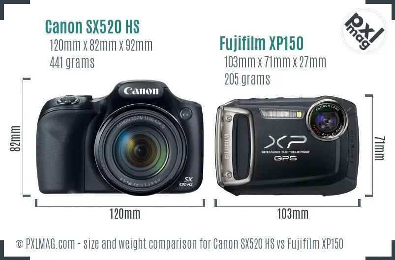 Canon SX520 HS vs Fujifilm XP150 size comparison