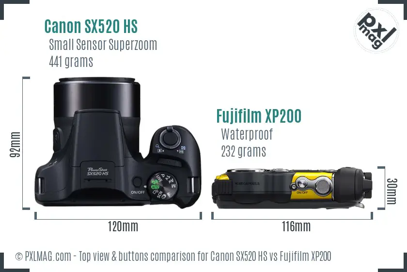 Canon SX520 HS vs Fujifilm XP200 top view buttons comparison