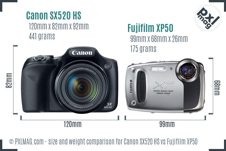 Canon SX520 HS vs Fujifilm XP50 size comparison