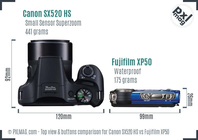 Canon SX520 HS vs Fujifilm XP50 top view buttons comparison