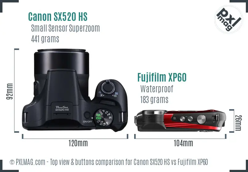 Canon SX520 HS vs Fujifilm XP60 top view buttons comparison