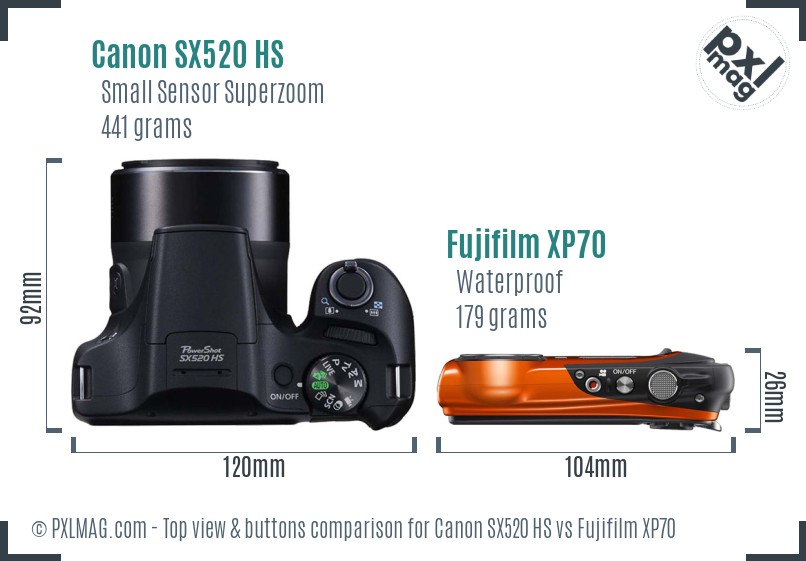 Canon SX520 HS vs Fujifilm XP70 top view buttons comparison