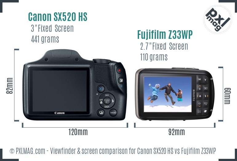 Canon SX520 HS vs Fujifilm Z33WP Screen and Viewfinder comparison