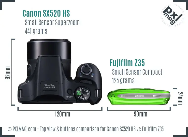 Canon SX520 HS vs Fujifilm Z35 top view buttons comparison