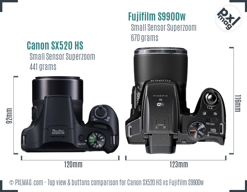 Canon SX520 HS vs Fujifilm S9900w top view buttons comparison