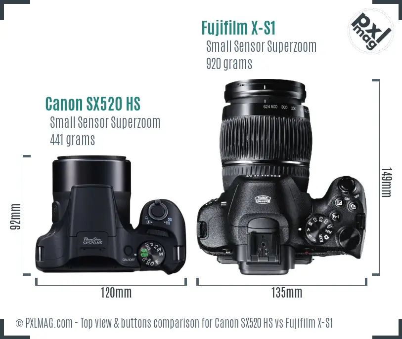 Canon SX520 HS vs Fujifilm X-S1 top view buttons comparison