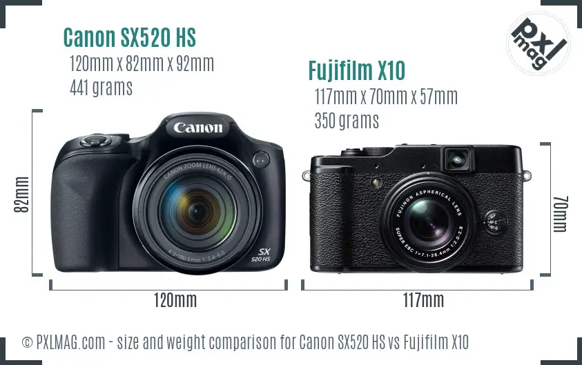 Canon SX520 HS vs Fujifilm X10 size comparison