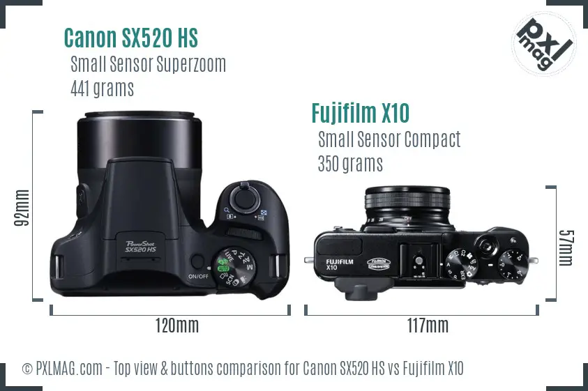 Canon SX520 HS vs Fujifilm X10 top view buttons comparison