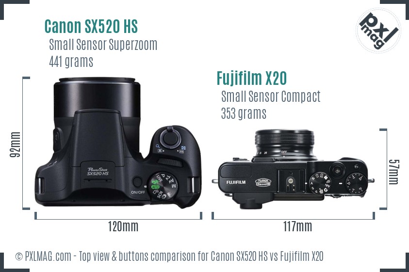Canon SX520 HS vs Fujifilm X20 top view buttons comparison