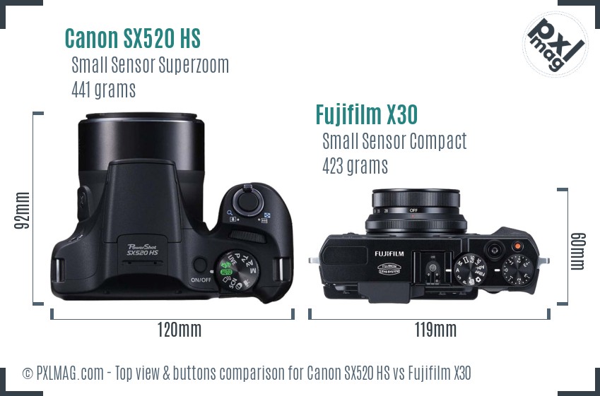 Canon SX520 HS vs Fujifilm X30 top view buttons comparison
