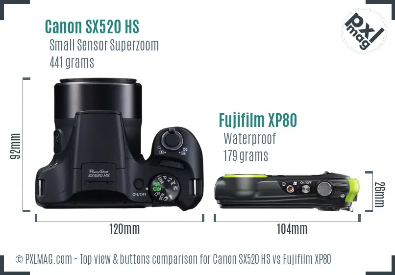 Canon SX520 HS vs Fujifilm XP80 top view buttons comparison