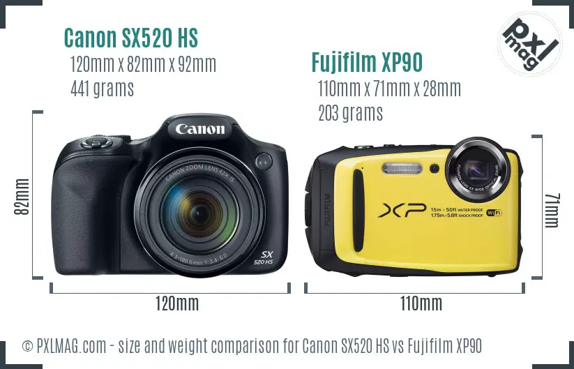 Canon SX520 HS vs Fujifilm XP90 size comparison