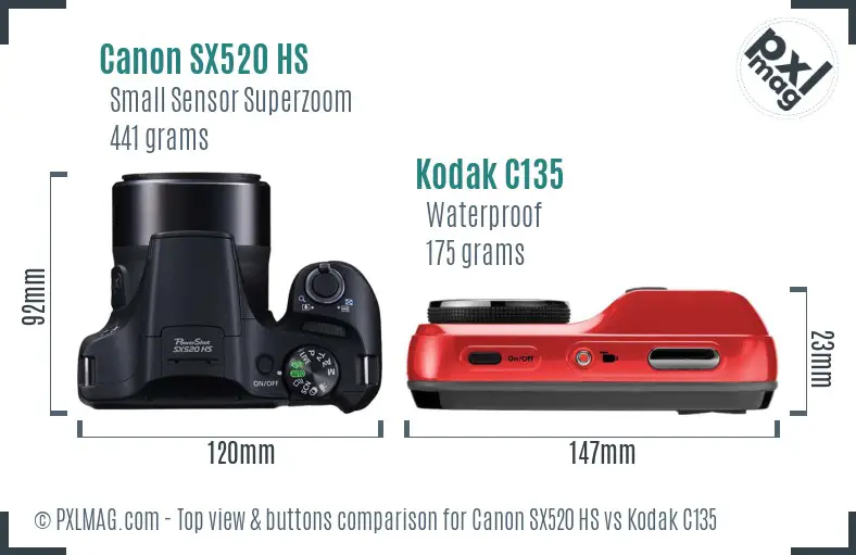 Canon SX520 HS vs Kodak C135 top view buttons comparison Canon SX520 HS vs Kodak C135 top view buttons comparison