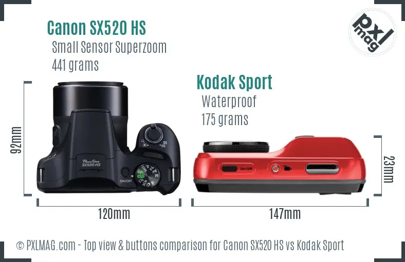 Canon SX520 HS vs Kodak Sport top view buttons comparison