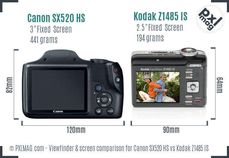 Canon SX520 HS vs Kodak Z1485 IS Screen and Viewfinder comparison