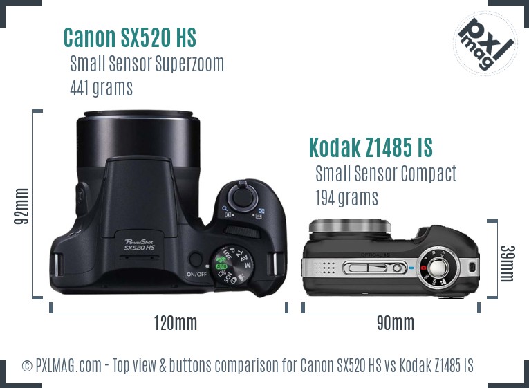 Canon SX520 HS vs Kodak Z1485 IS top view buttons comparison
