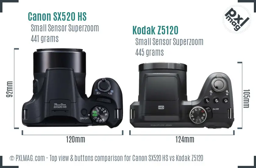 Canon SX520 HS vs Kodak Z5120 top view buttons comparison