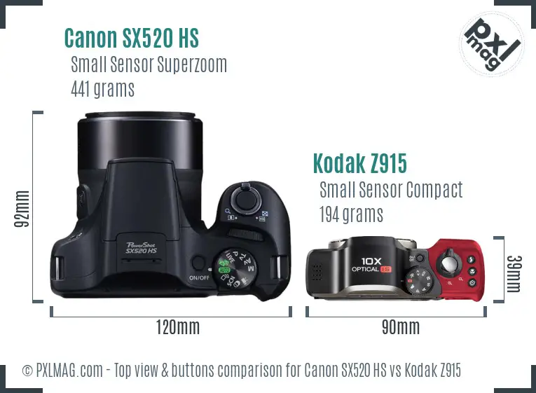 Canon SX520 HS vs Kodak Z915 top view buttons comparison