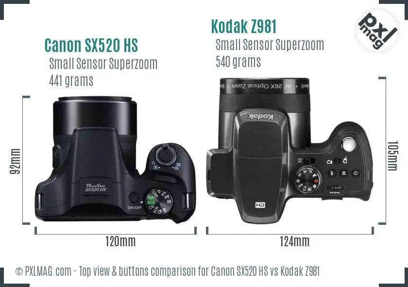 Canon SX520 HS vs Kodak Z981 top view buttons comparison Canon SX520 HS vs Kodak Z981 top view buttons comparison