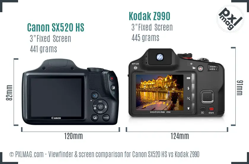 Canon SX520 HS vs Kodak Z990 Screen and Viewfinder comparison