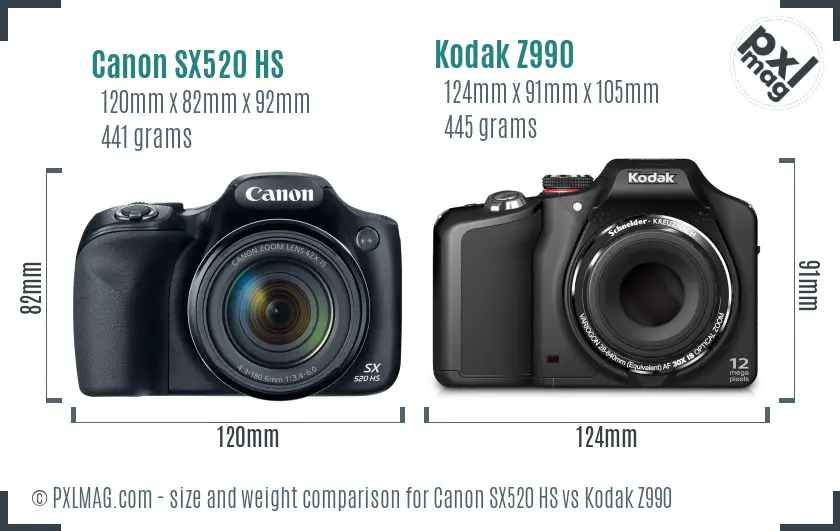 Canon SX520 HS vs Kodak Z990 size comparison