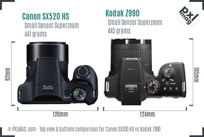 Canon SX520 HS vs Kodak Z990 top view buttons comparison